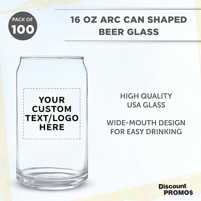 Custom Beer Can Glasses Set of 100, 16 oz. Pint Sized, Promotional Text, Logo, Soda Can Shape, Glassware, Clear