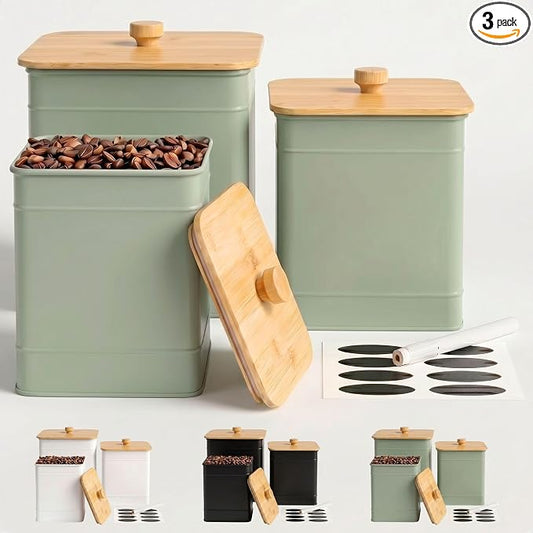 Kitchen Canisters for Countertop Set of 3 w/ Chalkboard Labels & Marker Pen | Airtight Easy Open Bamboo Lids, Dent-Resistant Thick Metal, Customizable Chalkboard Labels, Marker Pen Included, Set of 3 by HBDesignCo