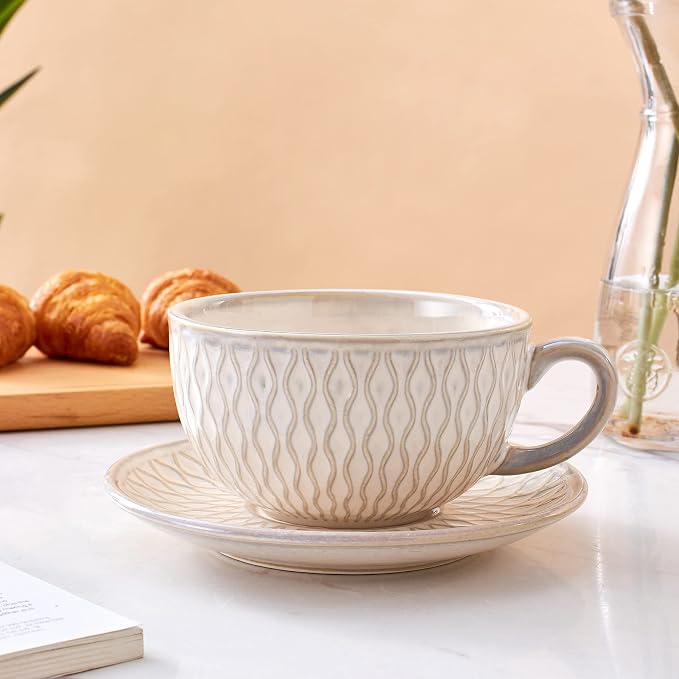 Coffeezone Vintage Design 12 oz Ceramic Latte Art Cappuccino Barista Cup with Saucer (Embossed Beige) - Image 2