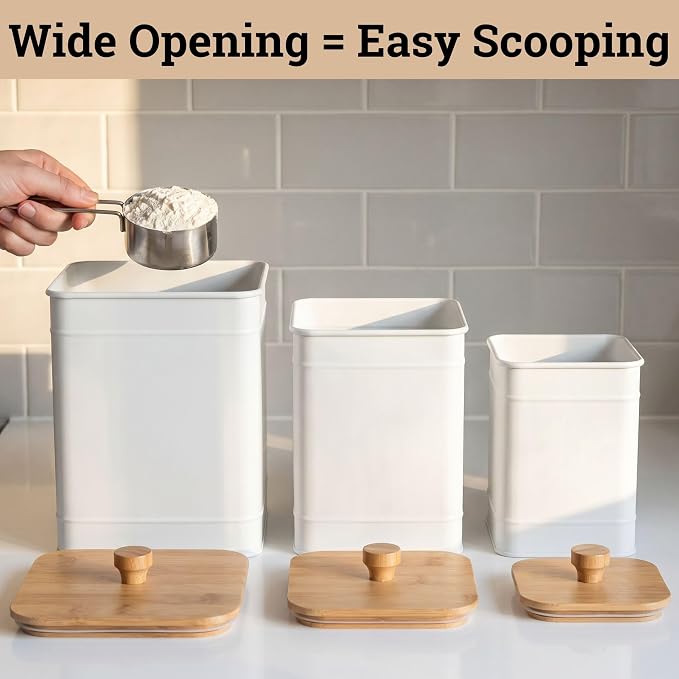 Kitchen Canisters for Countertop Set of 3 w/ Chalkboard Labels & Marker Pen | Airtight Easy Open Bamboo Lids, Dent-Resistant Thick Metal, Customizable Chalkboard Labels, Marker Pen Included, Set of 3 - Image 8