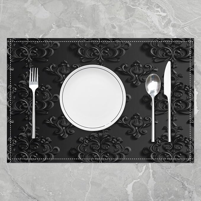 Feelyou Gothic Damask Placemats Set of 4 Vintage Jacquard Table Mats for Party Kitchen Dining Decoration Black Place Mat for Table Holiday Decor Indoor Outdoor 18"x12" Non-Slip Easy to Clean Washable - Image 2
