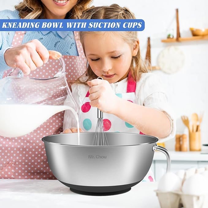 Extra Large Suction Mixing Bowl SUS304 Stainless Steel w/Non-Slip Silicone Suction Cups Base, Egg Beating Bowls with Handle Baking Bowl Tool for Cooking Baking Prepping Food Storage Batter Bowl BLACK