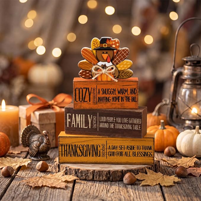 Moucuny 4 Pcs Fall Decorations for Home Wooden Turkey Decor Thanksgiving Tiered Tray Decor Thanksgiving Table Centerpiece Rustic Wooden Pumpkin Turkey Block Sign for Autumn Harvest Party Kitchen Shelf - Image 5