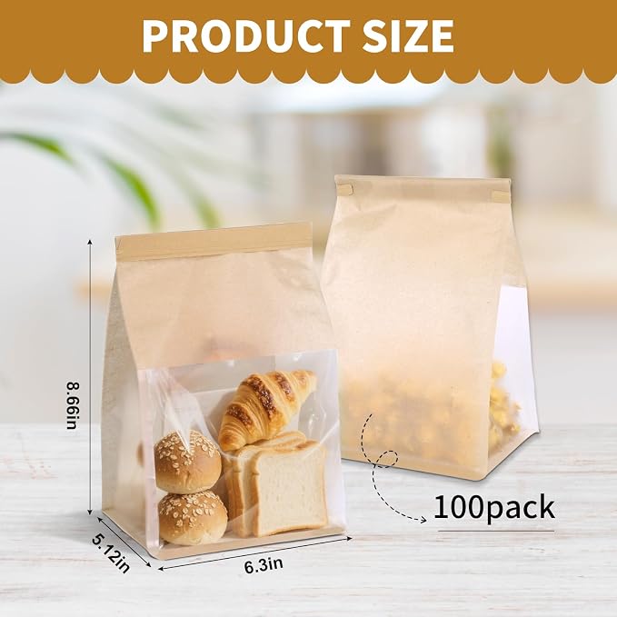 100 Pack Bread Bags with Tin Tie，Small Bakery Bags with Clear Window，Bagel Bags，Cookie Bag for Bakery, Homemade Bread，Popcorn，Cookies，Coffee Bean - Image 2