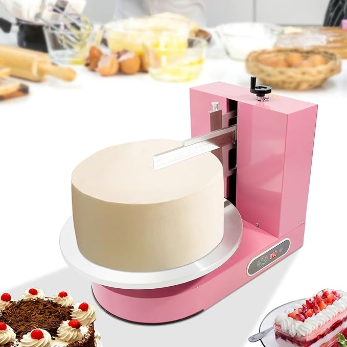 Cake Icing Machine 200W Auto Cream Spreading Machine w/Graduated Scraper & LCD Display, Professional Cake Decorating Machine Frosting Turntable for 4-16 Inch Cakes 0-320 RPM Rotating Speed (Pink)