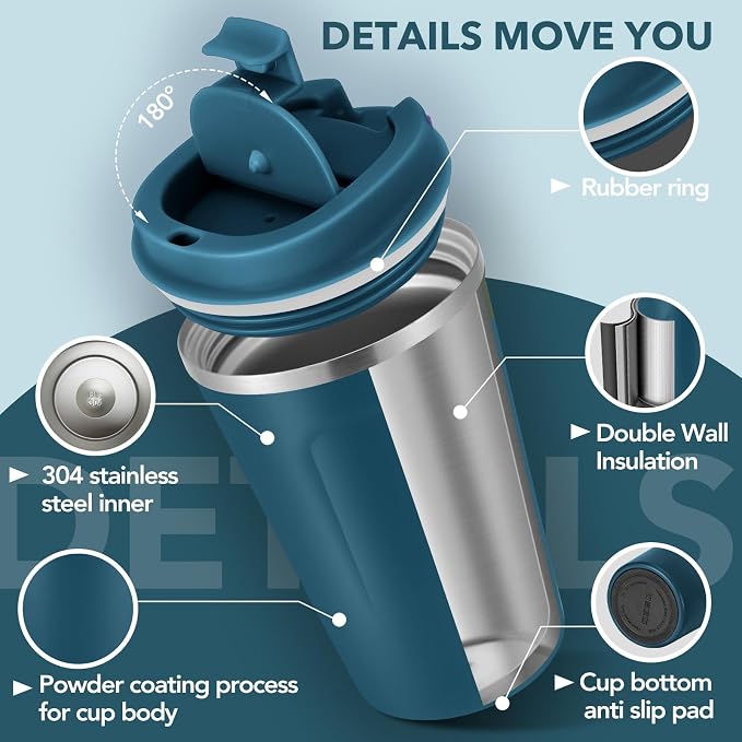 Volhoply 12 oz Double Wall Insulated Vacuum Travel Coffee Mug with Flip Lid Bulk 4 Pack,Reusable Stainless Steel Leak Proof Coffee Cups,Portable Cafe Thermal Tumbler for Hot & Cold Drinks(Bule,4 Set) - Image 4