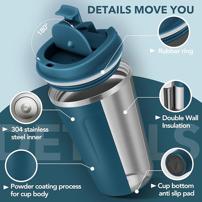 Volhoply 12 oz Double Wall Insulated Vacuum Travel Coffee Mug with Flip Lid Bulk 4 Pack,Reusable Stainless Steel Leak Proof Coffee Cup,Portable Thermal Tumbler for Hot&Cold Drinks(Assort Color,4 Set) - Image 4