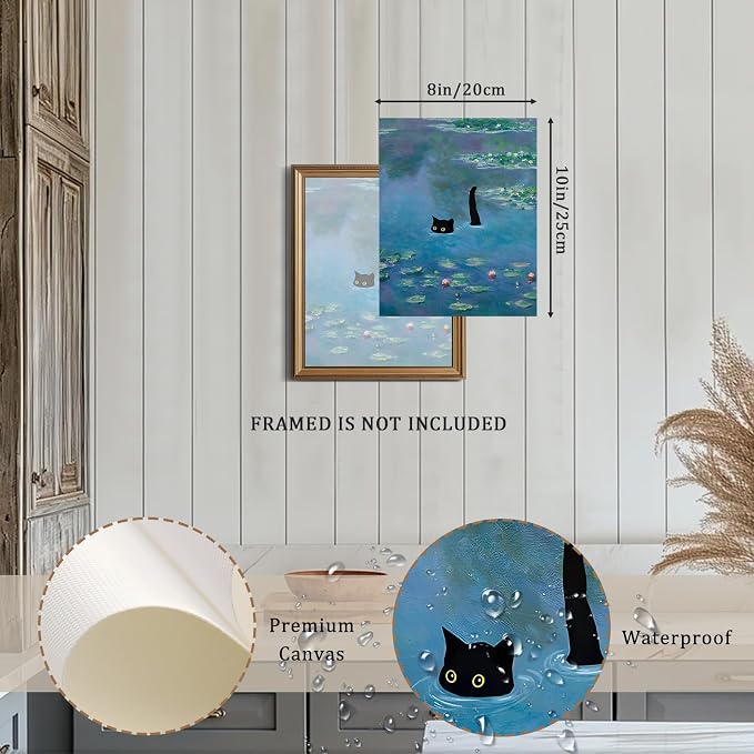 XOCUUI Cat Wall Art Monet Prints Vintage Canvas Wall Art Funny Cat in Water Lilies Posters for Room Bedroom Living Room Bathroom Wall Decor Aesthetic (Size: 8''x10'') - Image 2