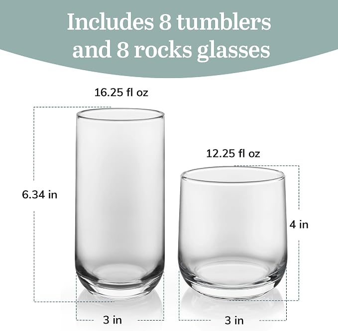 Libbey Ascent Tumbler & Rocks Drinking Glasses Set of 16, Clear Glass Cups | 16.25 oz & 12.25 oz Capacities Glasses for Water, Juice, Cocktails, and More with Curved Design and Dishwasher-Safe Care - Image 3