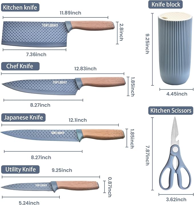 Kitchen Knife Set, Retrosohoo 6-Pieces Blue Sharp Knife Set for Kitchen, Non-stick Non-slip Stainless Steel Chef Knife Set with Universal Knife Block Suitable for Home Restaurant (Dusty Blue) - Image 7