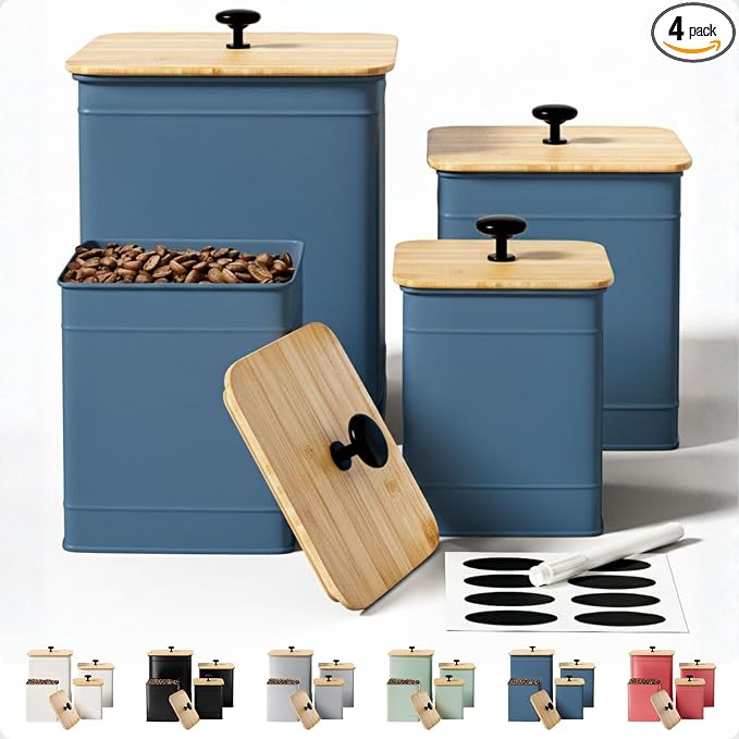 Kitchen Canisters for Countertop Set of 4 w/ Chalkboard Labels & Marker Pen | Airtight Easy Open Bamboo Lids, Dent-Resistant Thick Metal, Customizable Chalkboard Labels, Marker Pen Included, Set of 4 by HBDesignCo