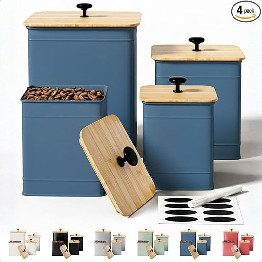 Kitchen Canisters for Countertop Set of 4 w/ Chalkboard Labels & Marker Pen | Airtight Easy Open Bamboo Lids, Dent-Resistant Thick Metal, Customizable Chalkboard Labels, Marker Pen Included, Set of 4 by HBDesignCo