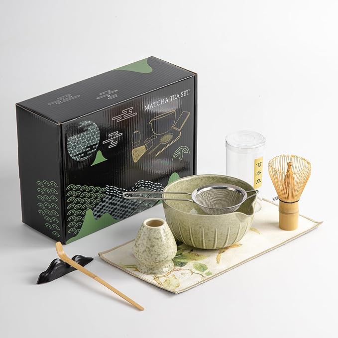 Matcha Whisk Set - 7PCS matcha kit ，Matcha Bowl with Spout, Bamboo Whisk with Ceramic Holder, Macha Scoop and Sifter, Matcha Kit for Ceremony, Gift for Matcha Lovers Green matcha set