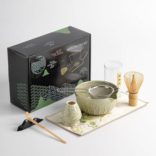 Matcha Whisk Set - 7PCS matcha kit ，Matcha Bowl with Spout, Bamboo Whisk with Ceramic Holder, Macha Scoop and Sifter, Matcha Kit for Ceremony, Gift for Matcha Lovers Green matcha set