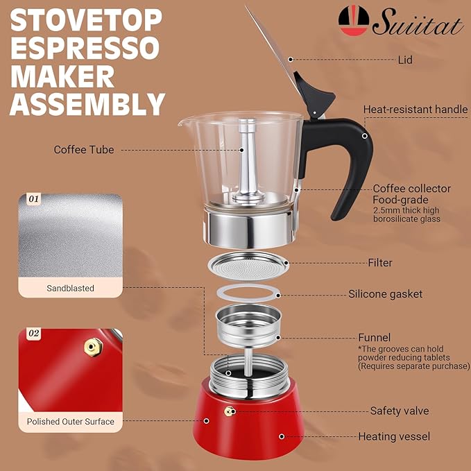 Induction Moka Pot, 6 Cups (10.6 oz) Crystal Glass-Top & Stainless Steel Moka Pot, Classic Stovetop Espresso Maker, Red