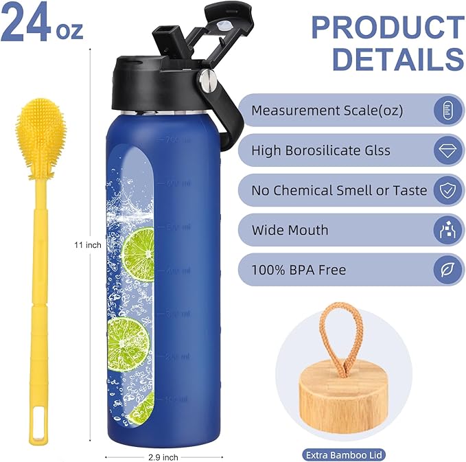 24 oz Glass Water Bottle with 2 Lids-Handle Straw Lid & Bamboo Lid,1 Liter Motivataional Tumbler Water Bottle Time Marker, Borosilicate Glass Water Bottles With Silicone Sleeve, Leakproof