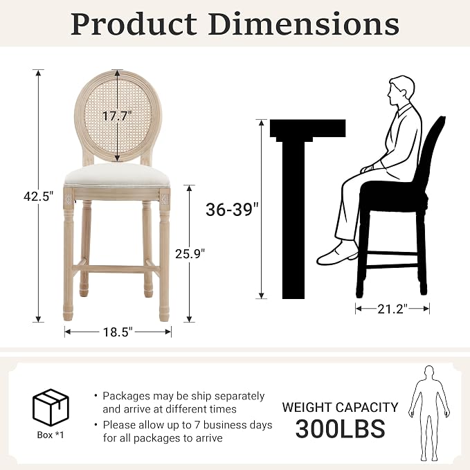 French Country Barstool, Linen Farmhouse Counter Height Chair | Set of 2, with Rattan Round Back and Solid Wood Legs, Oval Chairs for Restaurant, Bar, Kitchen, Café,Beige - Image 3