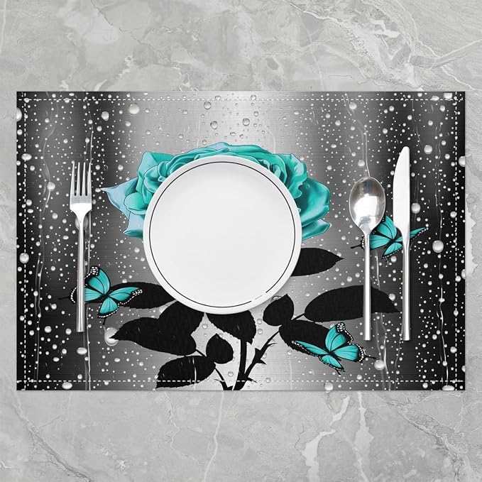Feelyou Teal Water Rose Placemats Set of 4 Teal Butterfly Table Place Mats for Boys Girls Romantic Placemat for Kitchen Dining Table Floral Flower Indoor Outdoor Decor Table Mats 18"x12" - Image 2