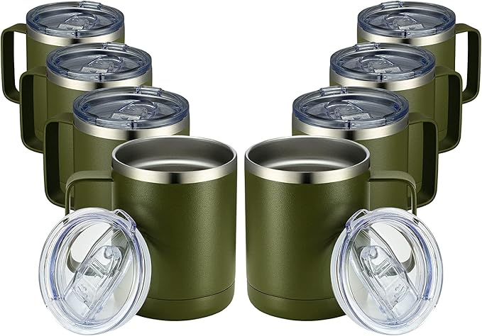 MEWAY 12oz Coffee Mug With Handle 8 Pack Bulk,Stainless Steel Insulated Travel Tumblers With Sliding Lid,Double Wall Vacuum Camping Cup for Hot & Cold Drinks Tea (Army Green,Set of 8) by MEWAY