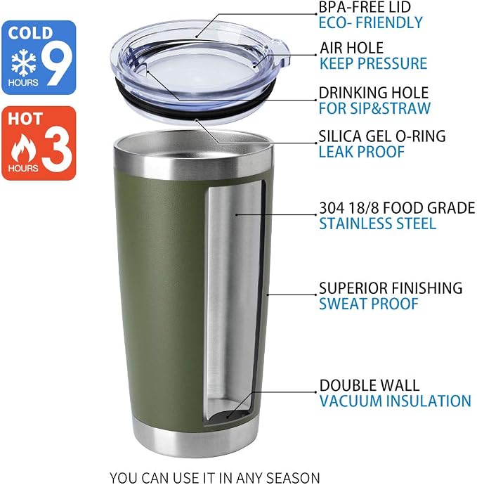HASLE OUTFITTERS 20oz Tumblers Bulk Stainless Steel Cup with Lid Double Wall Vacuum Insulated Coffee Mug for Cold & Hot Drinks 1 Pack, Army Green - Image 4