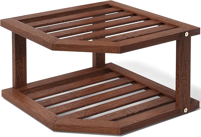VERTORGAN 2 Tier Bamboo Plate Organizer,Corner Shelf for Kitchen(Brown | Pantry Storage,Dish Rack,Spice Rack,Corner Organizer,Kitchen Counter Shelves,Kitchen Storage,Holds Plates by VERTORGAN