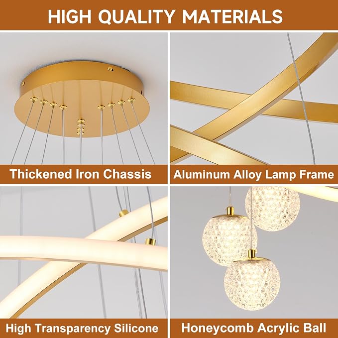 ORANOOR LED Modern 3 Ring Chandeliers 24inch Dimmable Kitchen Pendant Light | Gold Dining Room Light Fixtures Ceiling Hanging Over Table, Globe Round LED Chandeliers for Dining Room Living Room Bedroom - Image 3