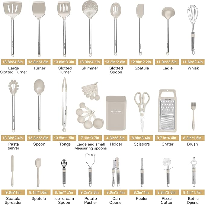 Kitchen Utensil Set-Silicone Cooking Utensils-33 Kitchen Gadgets & Spoons for Nonstick Cookware-Silicone and Stainless Steel Spatula Set-Best Kitchen Tools, Useful Pots (Khaki) - Image 2