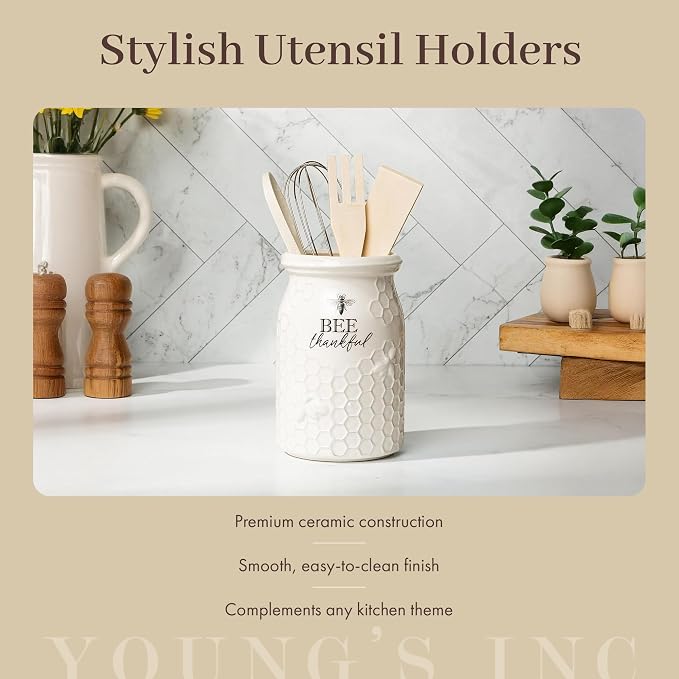 Young's Inc. Ceramic Utensil Holder for Countertop - Kitchen Crock with 3 Wooden Utensils - Large Organizer for Cooking Tools, Flatware, and More - Bee Thankful - Image 2