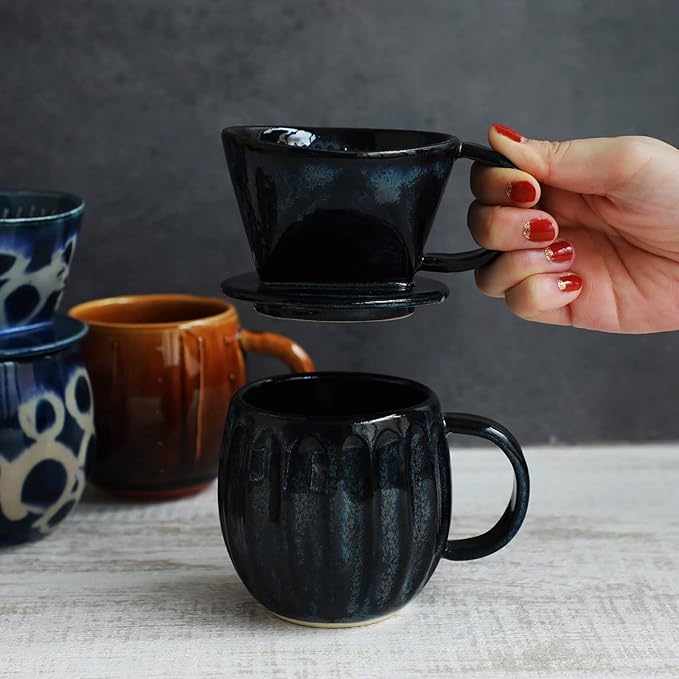 Asayu Japan Ceramic Coffee Pour Over Maker Set in Dark Navy Blue, Slow Brewing Paper Filter Holder and Dripper with 3 Holes for Coffee and Tea - Accessory Ceramic Mug