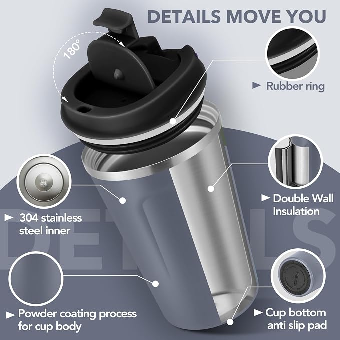 Volhoply 12 oz Double Wall Insulated Vacuum Travel Coffee Mug with Flip Lid,Reusable Stainless Steel Leak Proof Coffee Cup,Portable Iced Cafe Thermal Tumbler Suitable for Hot & Cold Drinks(Gray,1 Set) - Image 4