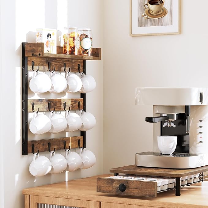 YATINEY Coffee Mug Holder Stand, 3 Tier Mug Tree Rack, Hanging 12 Cups, with Top Shelf, for Kitchen, Dining Room, Living Room, Cafe, Rustic Brown MH42BR - Image 5