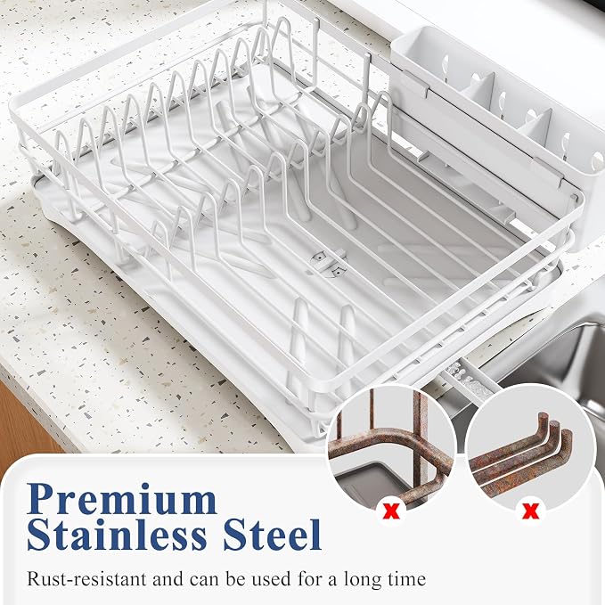 SNTD Dish Drying Rack for Kitchen Counter, 11.8" W x 16.7" L, White | Rustproof Stainless Steel, Large Capacity, Self-Draining Drainboard, Rotating Spout, Removable Utensil Holder - Image 5