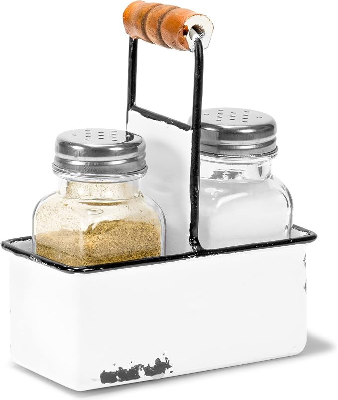 Red Co. Glass Salt & Pepper Shakers in Enamelware Metal Carrying Caddy with Wooden Handle, White/Black Rim by RedCo