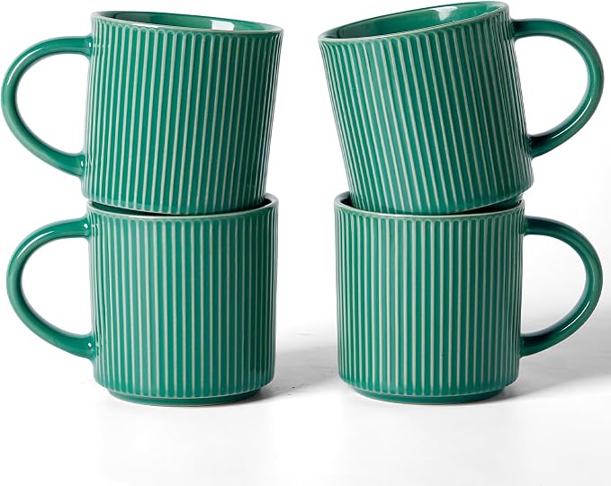 famiware Coffee Mug Set for 4, Star 12 oz Catering Mugs Cup Set with Handle for Coffee, Tea, Cocoa, Milk- Ceramic Stoneware Drinkware Set, Sage Green by Famiware