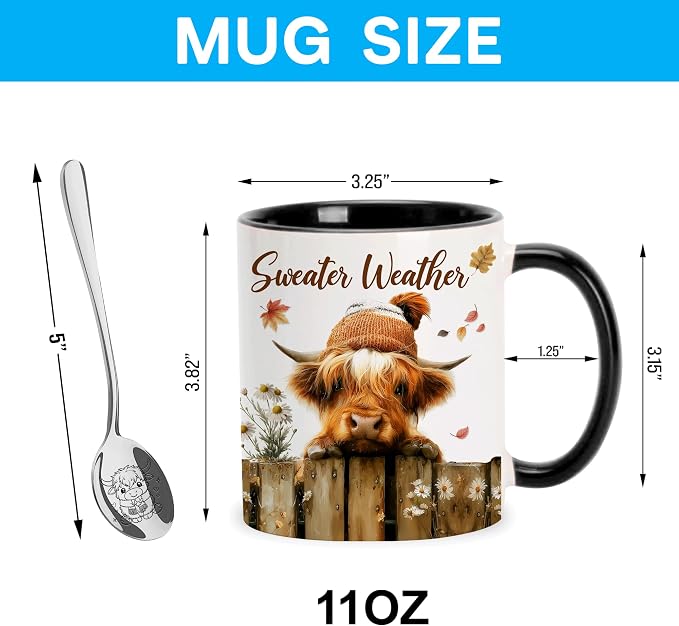 Hyturtle Fall Highland Cow Mug with Spoon Gifts for Cow Lovers on Birthday | Autumn Decor Gifts For Farmhouse Thanksgiving, Premium 11oz ceramic mug, Vivid double-sided cow print, Comfort grip handle - Image 4