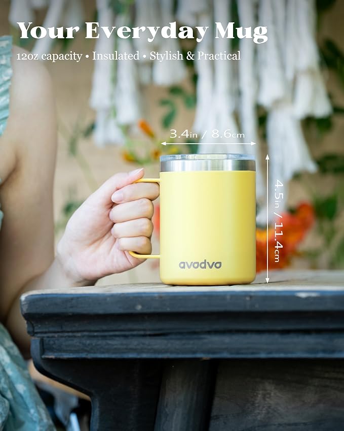 12oz Insulated Coffee Mug with Lid – Includes Two Lids, Stainless Steel Coffee Travel Mug with Handle, Double Wall Vacuum Insulated Camping Mug for Home, Office & Outdoor, Yellow - Image 4