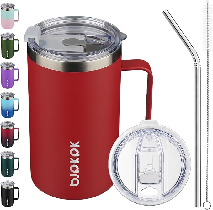 BJPKPK 25oz Insulated Coffee Mug with Handle, Stainless Steel Travel Mug | Keeps Drinks Hot & Cold, Double Wall Vacuum, 2 Lids Included, BPA-Free Coffee Tumbler for Home, Office & Travel by BJPKPK