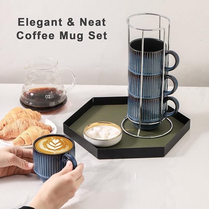 Hasense Navy Coffee Mugs Porcelain Set of 4 with Rack - 12 oz Stackable Coffee Cups Ceramic, Modern Ribbed Latte Cup Sets for Cappuccino, Tea, Espresso, Hot Cocoa, Drinks - Dishwasher & Microwave Safe - Image 2