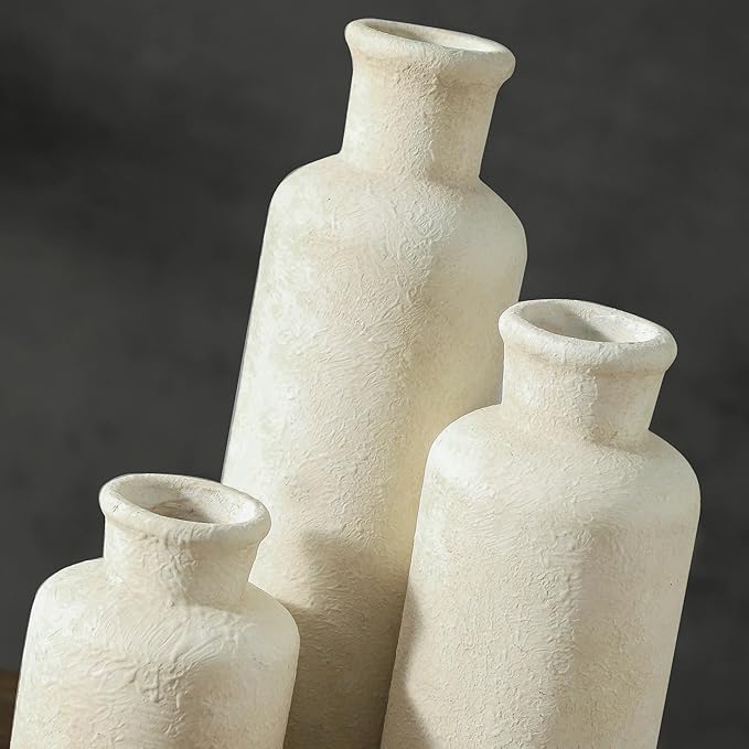 Ceramic Vases Set of 3, Whitewashed Neutral Flower Vases Home Decor, Pottery Rustic Farmhouse Decorative Vases Modern Decor for Table Mantel Entryway Bookshelf Living Room Kitchen Bedroom - Image 4