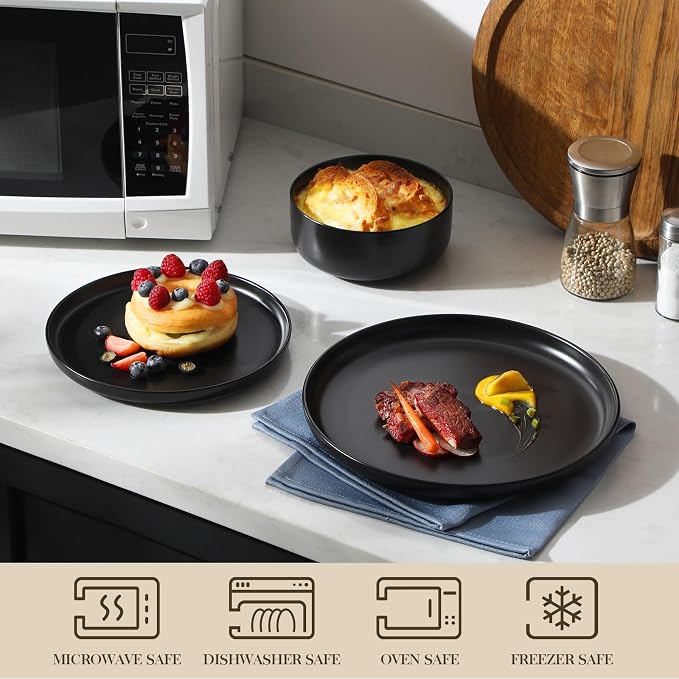 MALACASA 12 Pcs Porcelain Plates and Bowls Sets,Dinnerware Set for 4,Black | Modern Ceramic Dishware Set,Kitchen Dining Ware,Microwave and Dishwasher Safe,Simple Matt Black Design,Series LUNA - Image 4