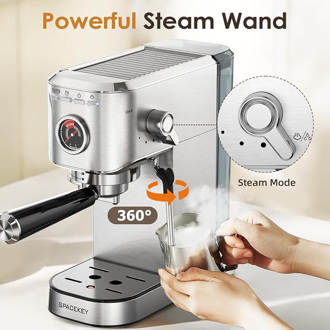 Spacekey Espresso Machine with Milk Frother, 20 Bar Compact Expresso Coffee Machines for Home, Stainless Steel Espresso Maker with 39oz Removable Water Tank for Cappuccino Latte, Fast Heating, Silver - Image 6