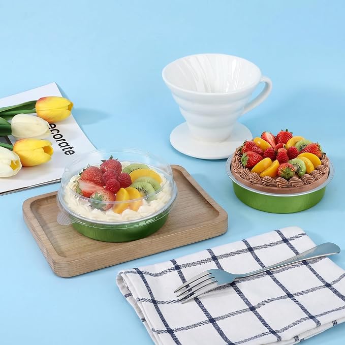 Beasea 4 Inch Mini Pie Tins with Lids, 50 Pack 7.3 oz Disposable Mini Tart Pans, Aluminum Foil Baking Cups Small Round Muffin Container Cheesecake Tins for Pie Tart Quiche - Avocado Green - Image 6