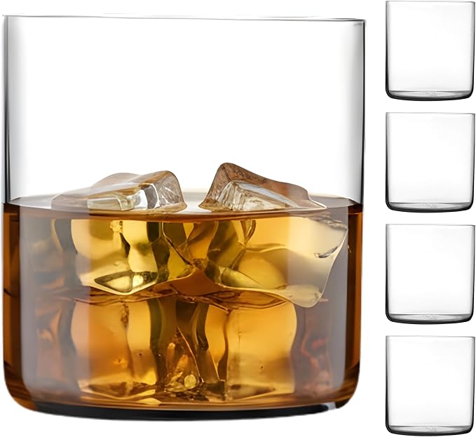 NUDE Whiskey Glasses Set of 4 DOF – 13.25 oz Premium Lead-Free Crystal Old Fashioned Rocks Glasses for Whisky, Scotch & Bourbon – Subtle Curved Base, Dishwasher Safe Barware by NUDEGlass