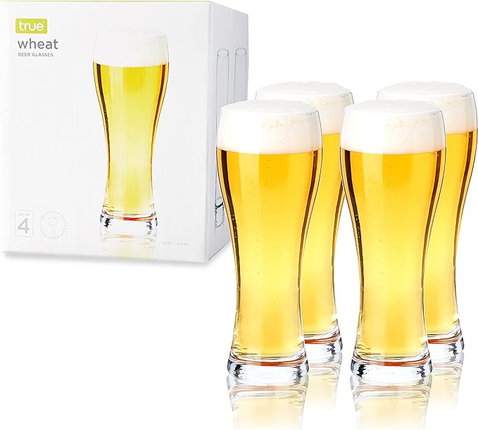 TRUE Wheat Beer Glasses, Clear Glasses for Pilsner, Belgian Ales, and Craft Beers, Birthday Party, Holiday, Game Night, Beer Gifts for Men, Durable Home Bar Glassware, 23 oz, Set of 4 by True