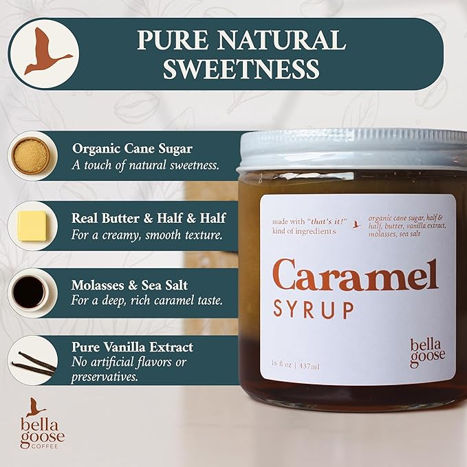 Bella Goose Gourmet Coffee Syrup Set – Vanilla Bean & Salted Caramel (16oz Each) | Handcrafted Pure Cane Sugar Syrups for Lattes & Desserts