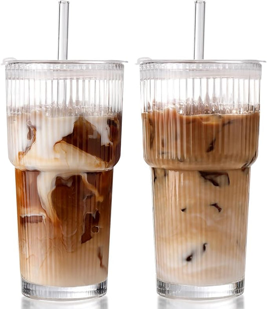 Iced Coffee Cups with Lids 2Pcs: Ribbed Glass Tumbler with Straw and Lid 20oz - Vintage Glass Cups with Lids and Straws - Tumbler Leak Proof Aesthetic Drinking for Coffee Bar Accessories by DWTSDANWEITESI