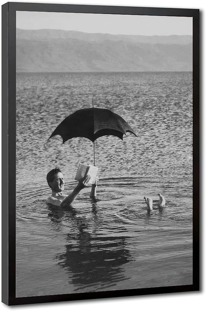 Man Floating in Lake With Book And Umbrella, Old Photography 1920s, Black And White Poster Canvas Poster Wall Art Decor Print Picture Paintings for Living Room Bedroom Decoration Black Frame 12x18in(3 by Unknown