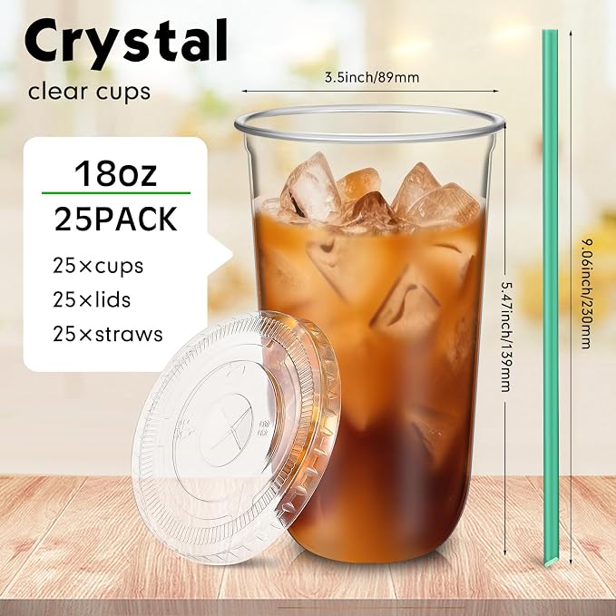 Baderke 25 Set Plastic Cups with Lids and Straws, Disposable Plastic Iced Coffee Cup for Cold Beverage Juice Smoothie Crystal for Coffee Shops Party Catering(Clear,18 oz) - Image 3