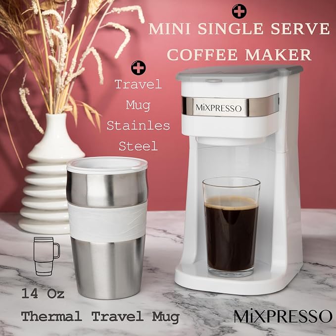 Mixpresso Single Serve & Single Cup Coffee Maker with 14oz Travel Mug White | For ground coffee only, reusable filter, auto shut off. Compact personal drip coffee maker, not compatible with K-Cup pods. - Image 5