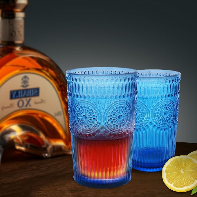 Loivttvv 6pcs Vintage Drinking Glasses Set, 12 oz Blue Highball Glasses, Embossed Ribbed Glassware Cups for Cocktail, Water, Juice, Coffee, Whiskey - Image 7